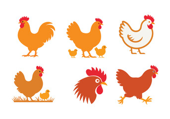 Set of chicken illustrations with roosters, hens, and chicks