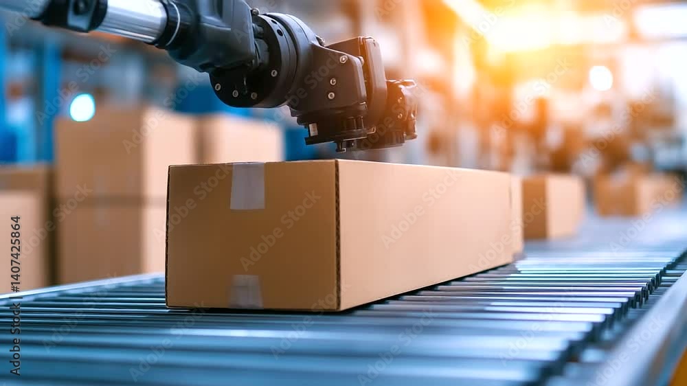 Poster close-up of robotic arms stacking and aligning cardboard sheets for production.