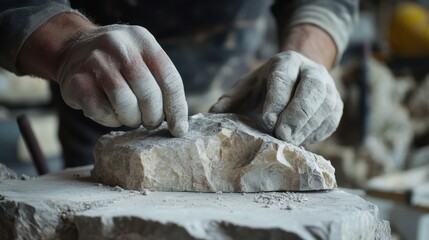 Mason cutting and shaping stone for a foundation. Featuring technique and skill