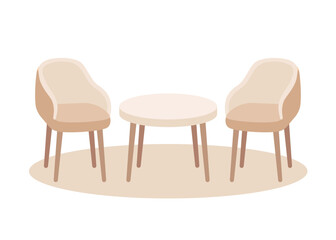Circle table and two chairs furniture, cozy seats in interior. Office, cafe, restaurant and home kitchen furniture. Interior objects for eating in cartoon flat style. Vector illustration