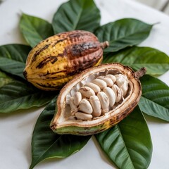 A realistic cocoa pod, with white beans inside, is placed on green leaves, with a rough brown shell and neatly arranged seeds, highlighting the natural details of the cocoa fruit.
