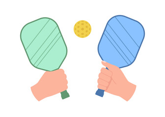 Pickleball sport game. Tennis rackets in hands and ball. Play in pickle ball, paddle tennis. Vector flat illustration