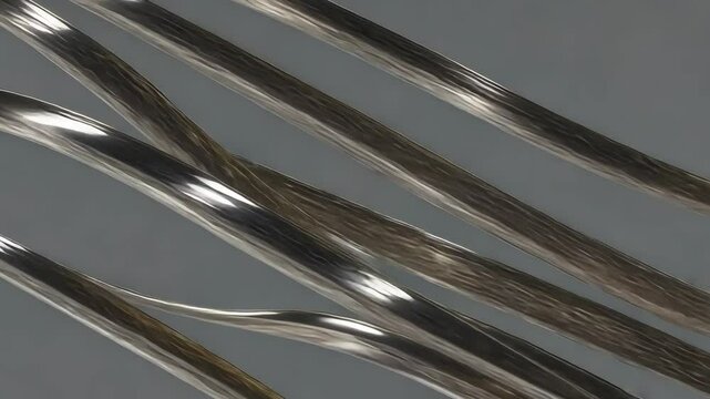 Arrangement of sleek silver wires on a smooth gray surface creating abstract parallel lines
