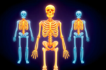 Three glowing skeletons, central one highlighted, anatomical study . Generative AI