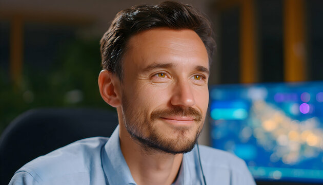 Thoughtful man with headset, looking away from computer screen at night . Generative AI