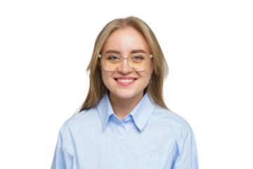 Smiling Young Woman in a Light Blue Shirt With Glasses Showing Confidence and Warmth in a Bright Setting