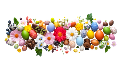 A colorful flat lay composition of Easter treats, flowers, and eggs arranged artistically, isolated on white background. 