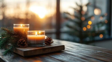 Soft candlelight glows gently on a wooden table adorned with pine cones, creating a peaceful and serene atmosphere that captures the beauty of simplicity and warmth.