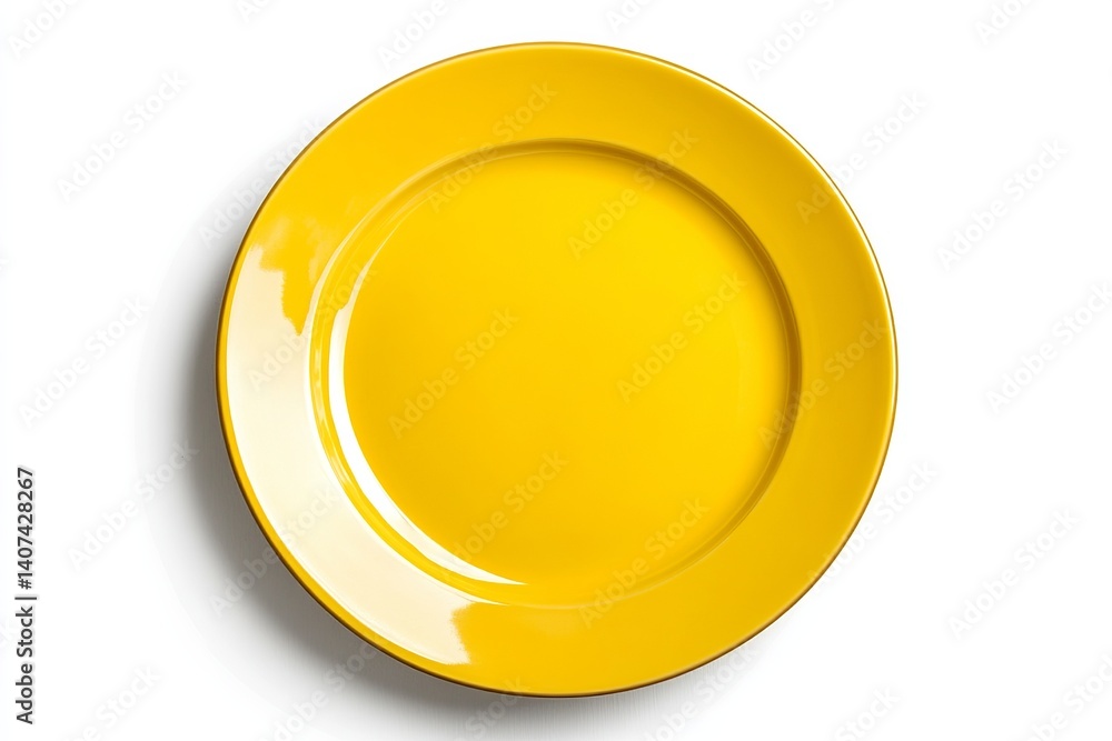 Poster a vibrant yellow plate centered on a stark white background creating a simple yet striking image 100