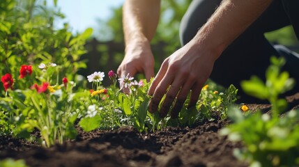 Fototapeta premium Landscaper planting flowers in garden bed. Featuring care and precision