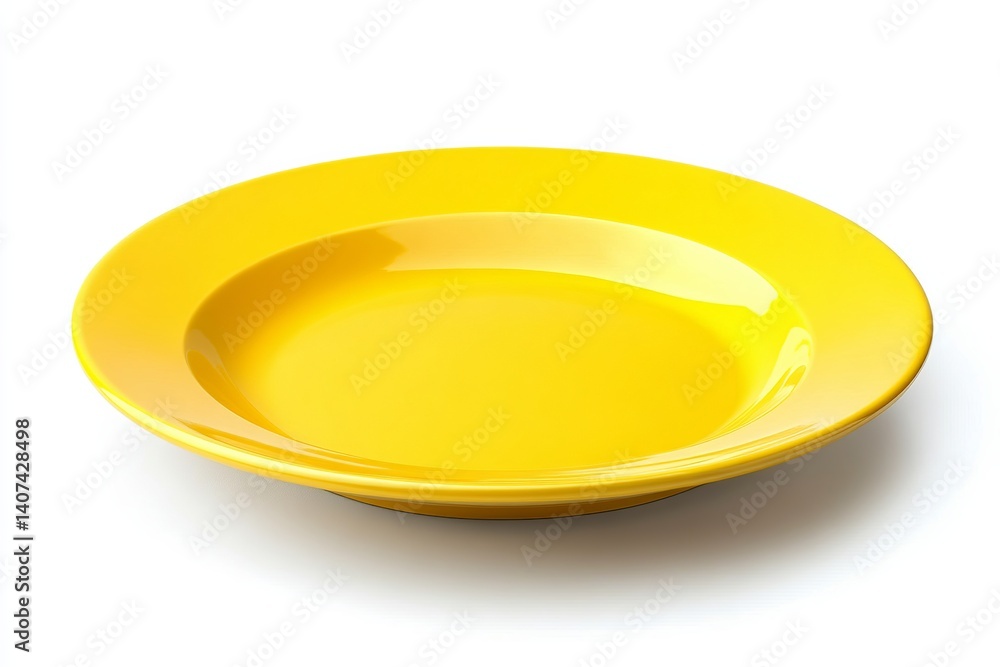 Poster a single yellow plate centered on a white background in a studio lighting environment view from abov