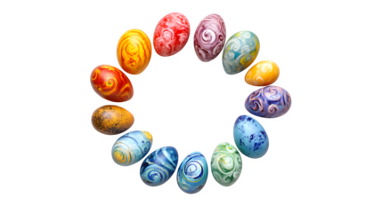 An abstract design featuring a spiral pattern made from Easter eggs, isolated on white background. 