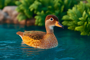A female mandarin duck swims in a tranquil pond, surrounded by lush green foliage . Generative AI