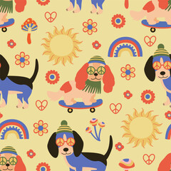 Obraz premium seamless pattern with boho hippie Dog, rainbow, flowers, sun