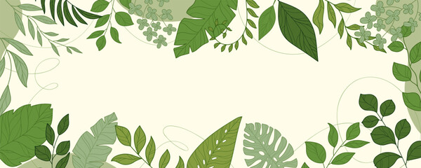 Elegant Green Botanical Frame with Tropical Leaves on Beige Background. Natural and organic lush greenery. Perfect for invitations, eco branding, and cards, print, banners