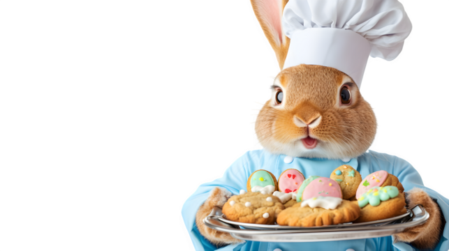 Easter Bunny Chef Baking Cookies: A cheerful bunny dressed as a chef, holding a tray of freshly baked Easter-themed cookies, isolated on a white background. 