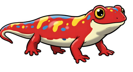 Vibrant Salamander: A strikingly illustrated salamander with vivid red skin, adorned with colorful yellow and blue markings, showcasing nature's intricate artistry.