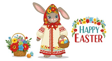 Fototapeta premium Easter Bunny in Russian Folk Costume with Basket of Eggs