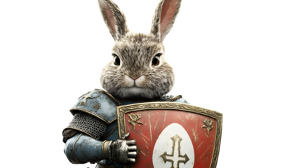 Easter Bunny Knight in Armor: A brave bunny dressed in medieval armor, holding a shield with an Easter egg emblem, isolated on a white background.