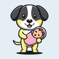 Cartoon Puppy Carrying Baby Sibling in a Blanket, Smiling Proudly