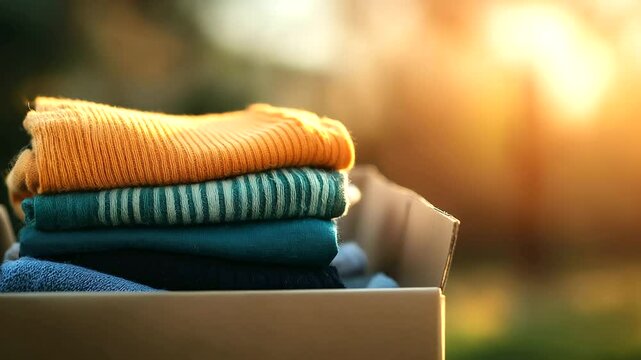 Gently worn baby clothes stacked neatly in an open box, ready to be donated to a family in need.