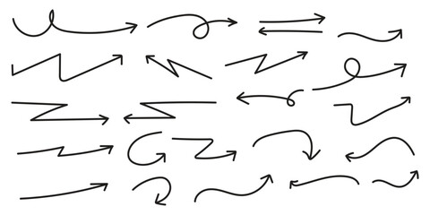 Collection of hand drawn curved arrow doodle style vector on white background. set of zigzag artistic arrow, directional arrow vector symbol