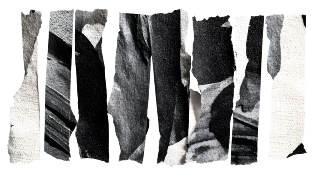 Black torn paper strips illustrated in textured collage style on a transparent background --ar 16:9 --v 7.0