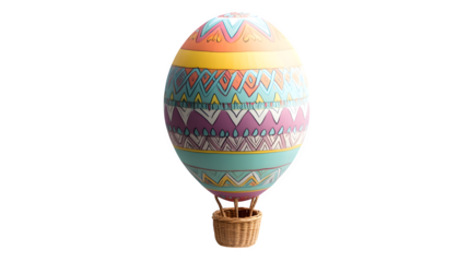 Easter Egg Hot Air Balloon: A colorful hot air balloon designed like a giant Easter egg, with a small basket underneath, centered on a white background. 