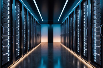 Fototapeta premium Data center with servers neatly arranged, illuminated by blue and orange lights in a hallway.