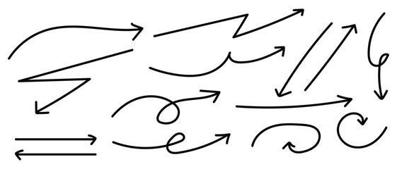 Collection of hand drawn curved arrow doodle style vector on white background. set of zigzag artistic arrow, directional arrow vector symbol