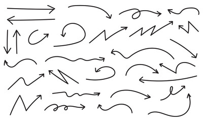 Collection of hand drawn curved arrow doodle style vector on white background. set of zigzag artistic arrow, directional arrow vector symbol