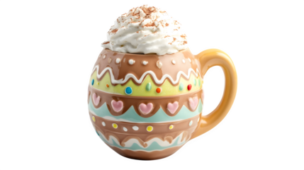 Easter Egg Hot Cocoa Mug: A mug shaped like a decorated Easter egg, filled with steaming hot cocoa and topped with whipped cream, centered on a white background. 
