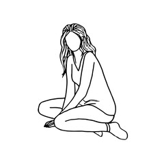 young long haired woman in Ground sitting pose looking at camera, faceless portrait - hand drawn line art illustration