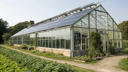 A large greenhouse with solar panels, surrounded by greenery, showcasing sustainable gardening practices in a rural setting.