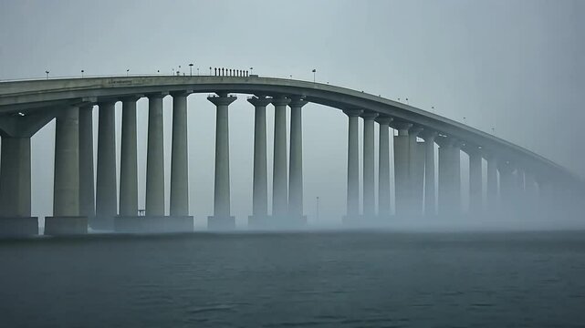Foggy coastal highway bridge, traffic, sea, mist