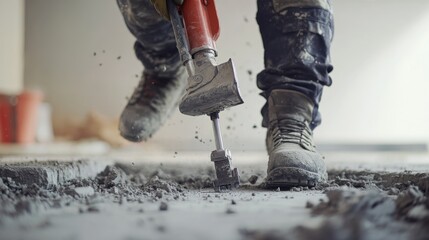 Construction laborer using a jackhammer on concrete. Featuring power and precision
