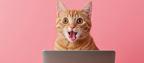 Surprised Ginger Cat on Laptop; Adorable Pet, Pink Background, Technology, Fun, Cute
