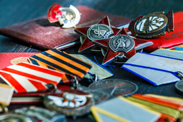 Awards of the Second world war close-up. Soviet military awards - Order Red Banner, Glory,the order...