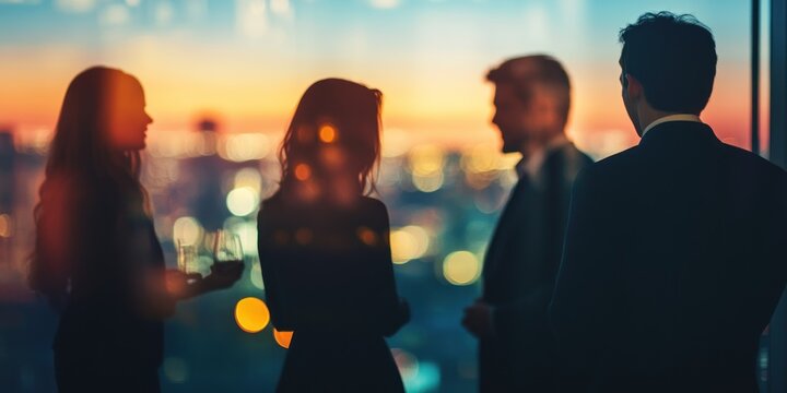 Silhouetted Figures at Dusk, Cityscape backdrop