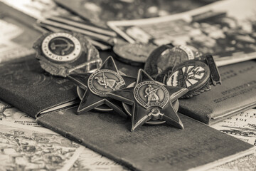 Awards of the Second world war close-up. Soviet military awards - Order Red Banner, Glory,the order...