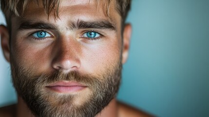 Obraz premium An intimate close-up of a young man's face showcasing his blue eyes and facial hair, exuding a sense of depth, emotion, and captivating masculine beauty in soft light.
