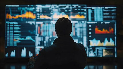 Businessperson discussing market trends with a large screen showing stock data, projections, and graphs, with copy space