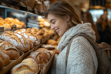 Happy woman smelling the smell of freshly baked bread in bakery store in local supermarket, buying products for family