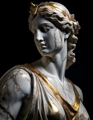 Marble bust of a classical woman with golden accents.

