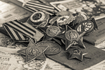 Awards of the Second world war close-up. Soviet military awards - Order Red Banner, Glory,the order...
