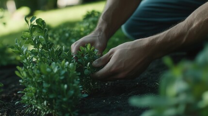 Landscaper planting shrubs in front yard. Featuring focus and care