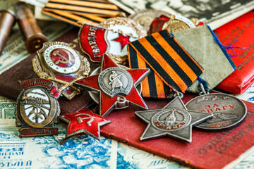 Awards of the Second world war close-up. Soviet military awards - Order Red Banner, Glory,the order...