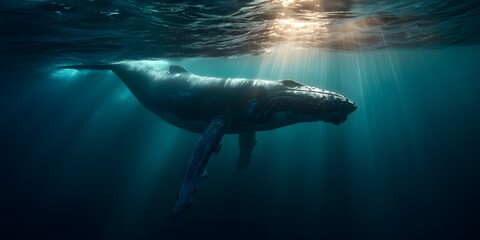 Fototapeta premium Whale wallpaper showing a majestic giant swimming beneath the ocean surface in glowing sunbeams.