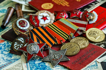 Awards of the Second world war close-up. Soviet military awards - Order Red Banner, Glory,the order...
