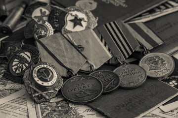 Awards of the Second world war close-up. Soviet military awards - Order Red Banner, Glory,the order...